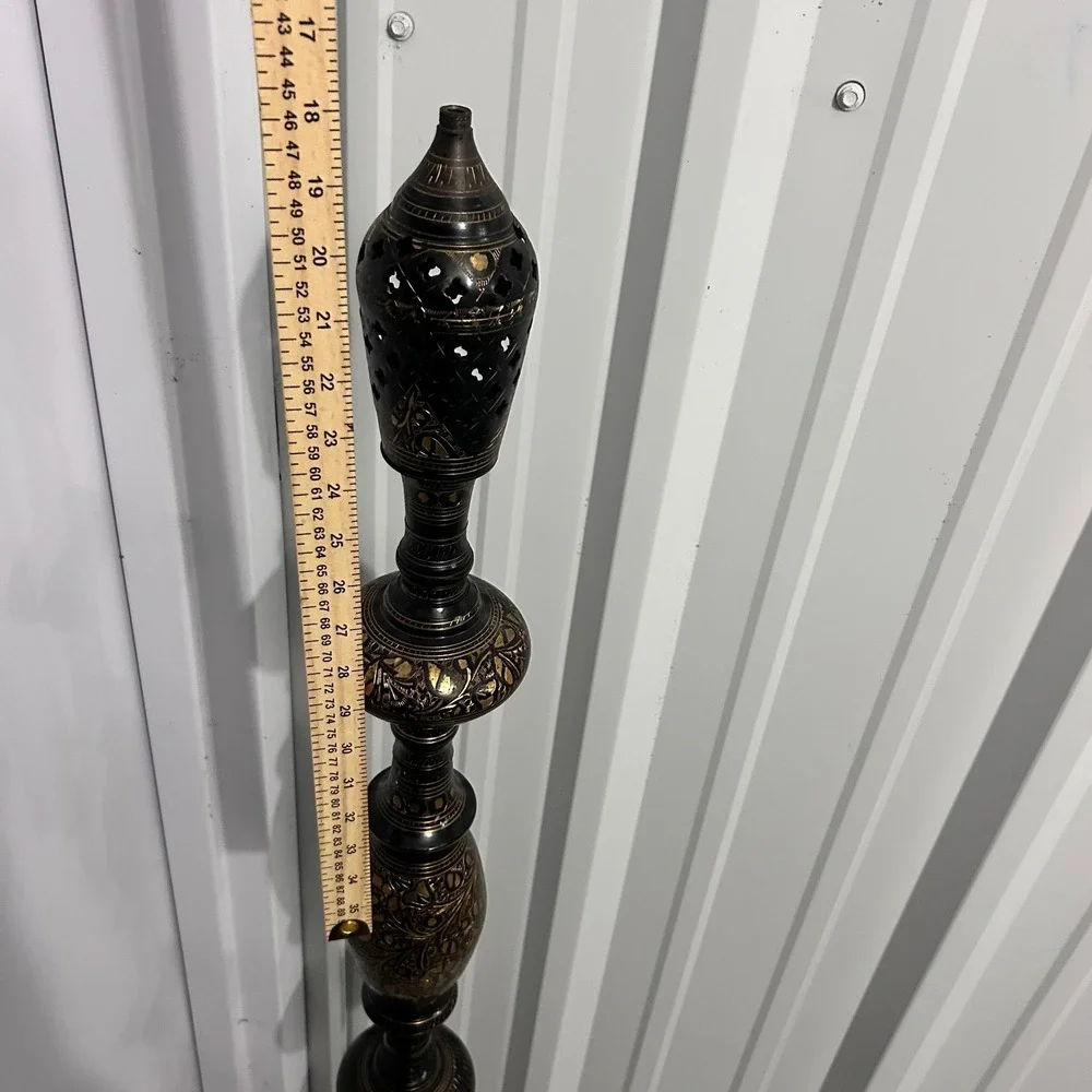 Vintage Persian Etched Brass Floor Lamp Black Gold Floral Tall Decorative Stand